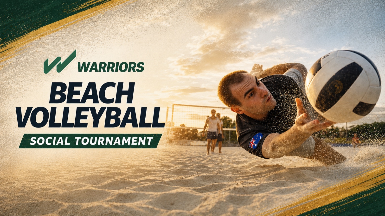 Beach volleyball player diving to dig the ball in the sand at sunset
