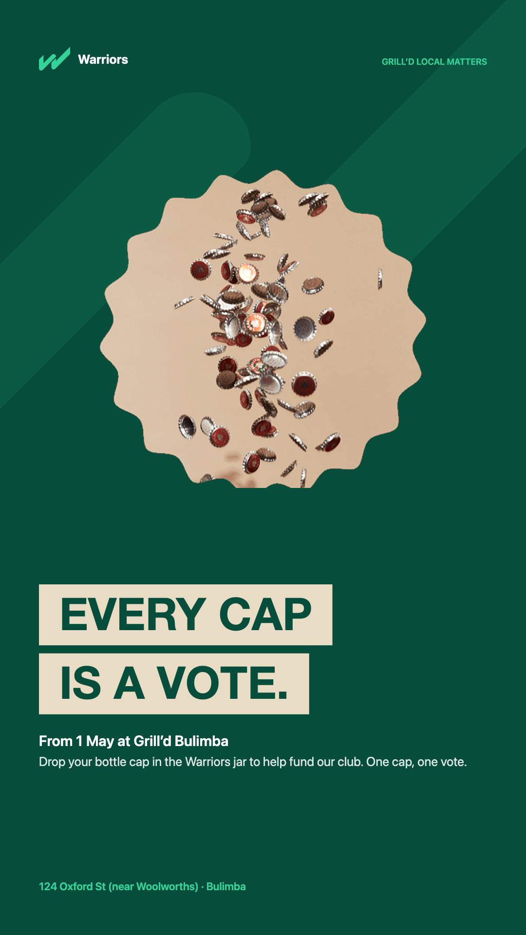 Grill'd Local Matters promotional design reading 'Every cap is a vote', with Warriors branding